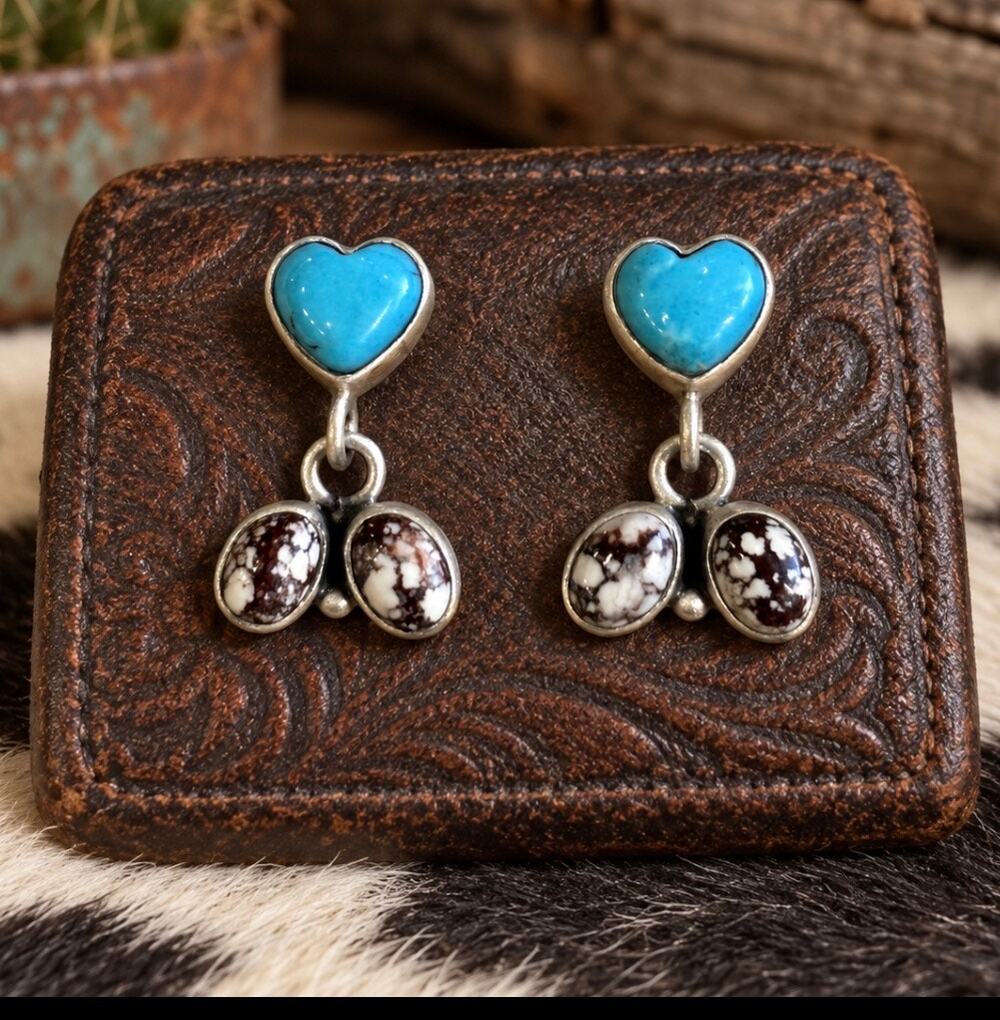 Kingman Turquoise Heart & White Horse Drop Earrings in Sterling Silver
